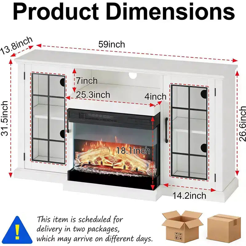 Mobile TV con camino elettrico Coolmee a 3 lati in vetro per TV fino a 65", console multimediale con luci LED, ante in vetro, contenitore, centro di intrattenimento