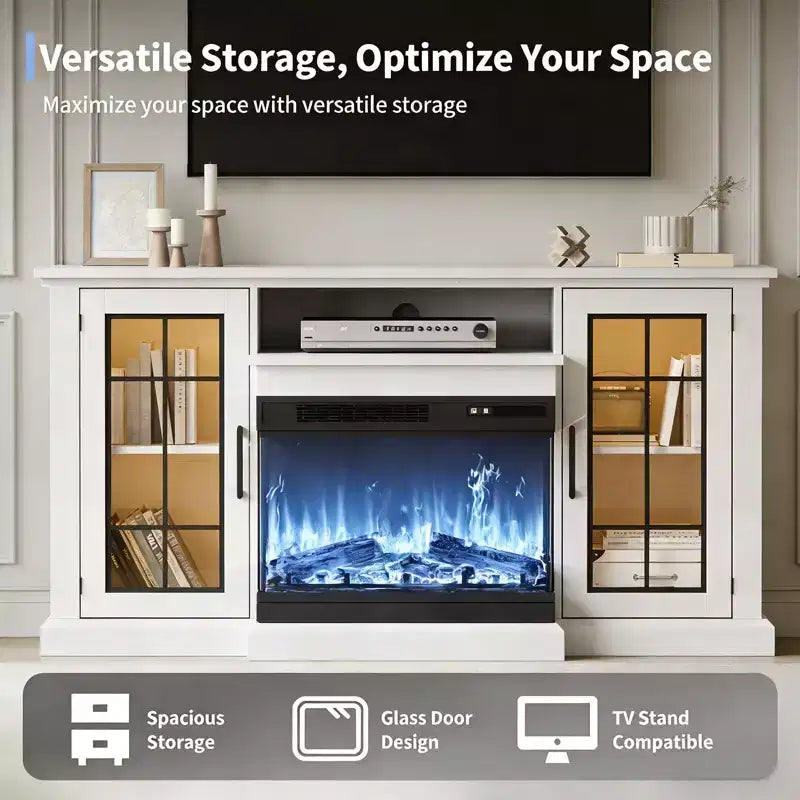 Mobile TV con camino elettrico Coolmee a 3 lati in vetro per TV fino a 65", console multimediale con luci LED, ante in vetro, contenitore, centro di intrattenimento