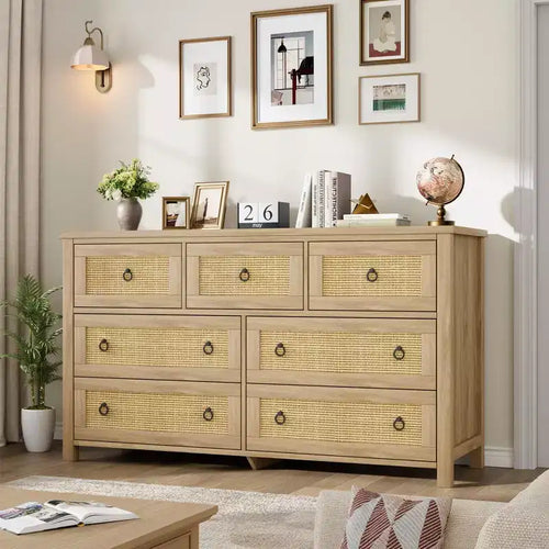 7 Drawer Dresser for Bedroom, 54'' Wide Rattan Dresser, Chest of Drawers, Wooden Chest with Clothes Storage Cabinet, Drawer Organizer