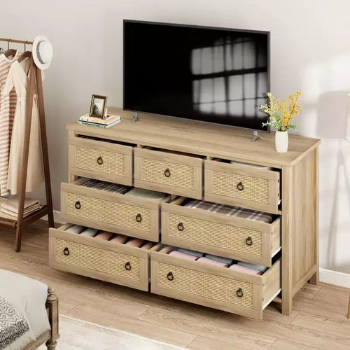 Cassettiera a 7 cassetti per camera da letto, cassettiera in rattan larga 54'', cassettiera con armadietto per vestiti, organizer per cassetti