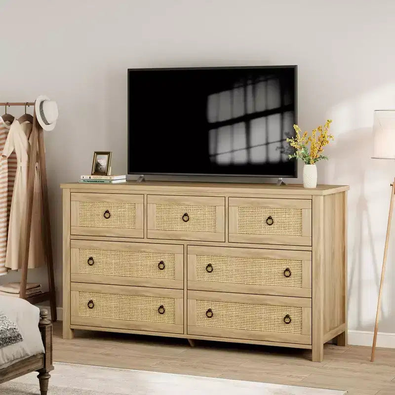 Cassettiera a 7 cassetti per camera da letto, cassettiera in rattan larga 54'', cassettiera con armadietto per vestiti, organizer per cassetti
