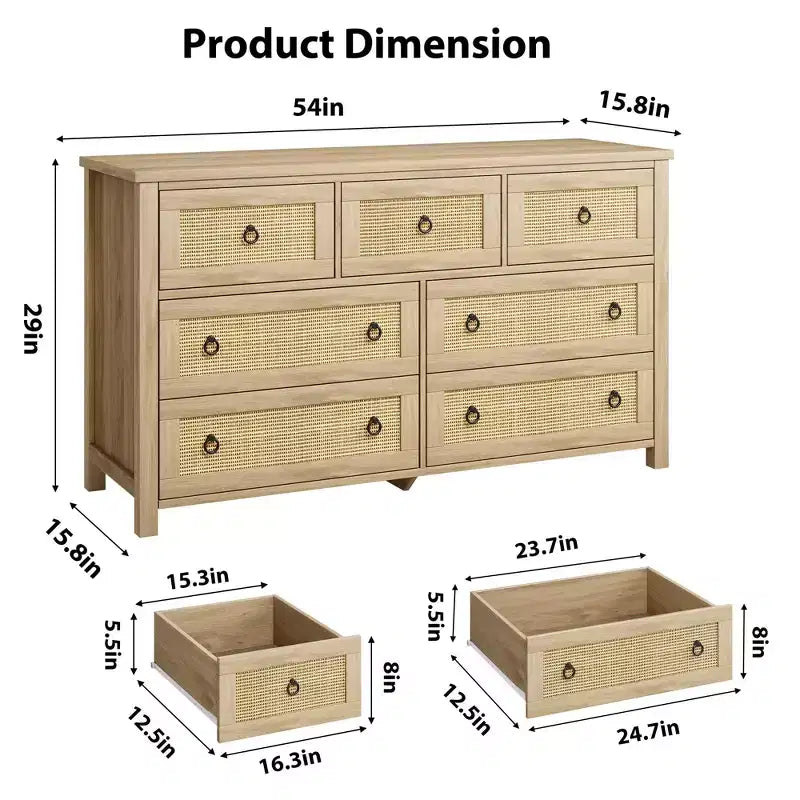 Cassettiera a 7 cassetti per camera da letto, cassettiera in rattan larga 54'', cassettiera con armadietto per vestiti, organizer per cassetti