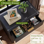 Cassettiera Nera con 3 Cassetti Scanalati, Comò in Legno Largo, Cassettiera Moderna Contenitore con Gambe in Metallo e Dispositivo Antiribaltamento