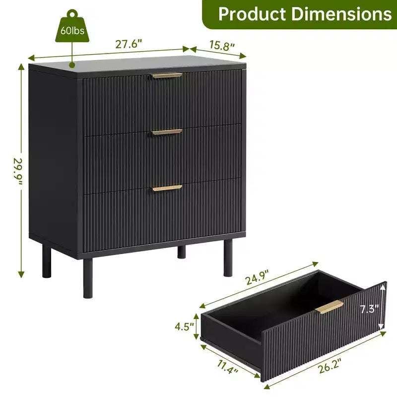 Cassettiera Nera con 3 Cassetti Scanalati, Comò in Legno Largo, Cassettiera Moderna Contenitore con Gambe in Metallo e Dispositivo Antiribaltamento
