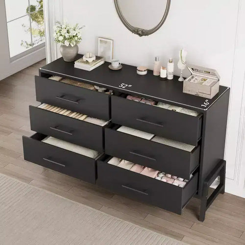 Commode 6 tiroirs pour chambre à coucher, commode en bois de 132 cm de large avec pieds en métal, organisateur de rangement pour vêtements, meuble TV pour couloir