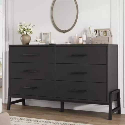 6 Drawer Dresser for Bedroom, 52W Wooden Chest of Drawers with Metal Legs, Clothes Storage Organizer, Dresser TV Stand for Hallway