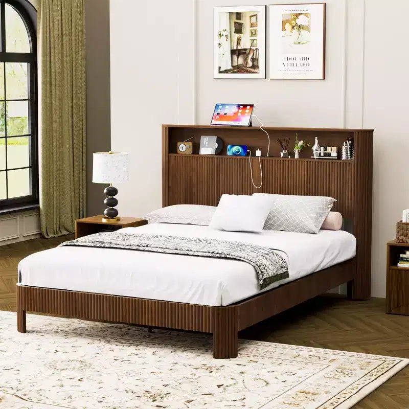 ModernLuxe Struttura Letto Matrimoniale/Una Piazza e Mezza XL con Testiera Contenitore, Stazione di Ricarica Integrata, Design Onde, Supporto Silenzioso