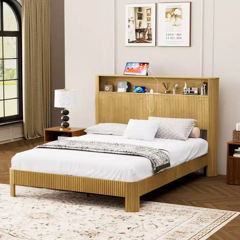 ModernLuxe Struttura Letto Matrimoniale/Una Piazza e Mezza XL con Testiera Contenitore, Stazione di Ricarica Integrata, Design Onde, Supporto Silenzioso