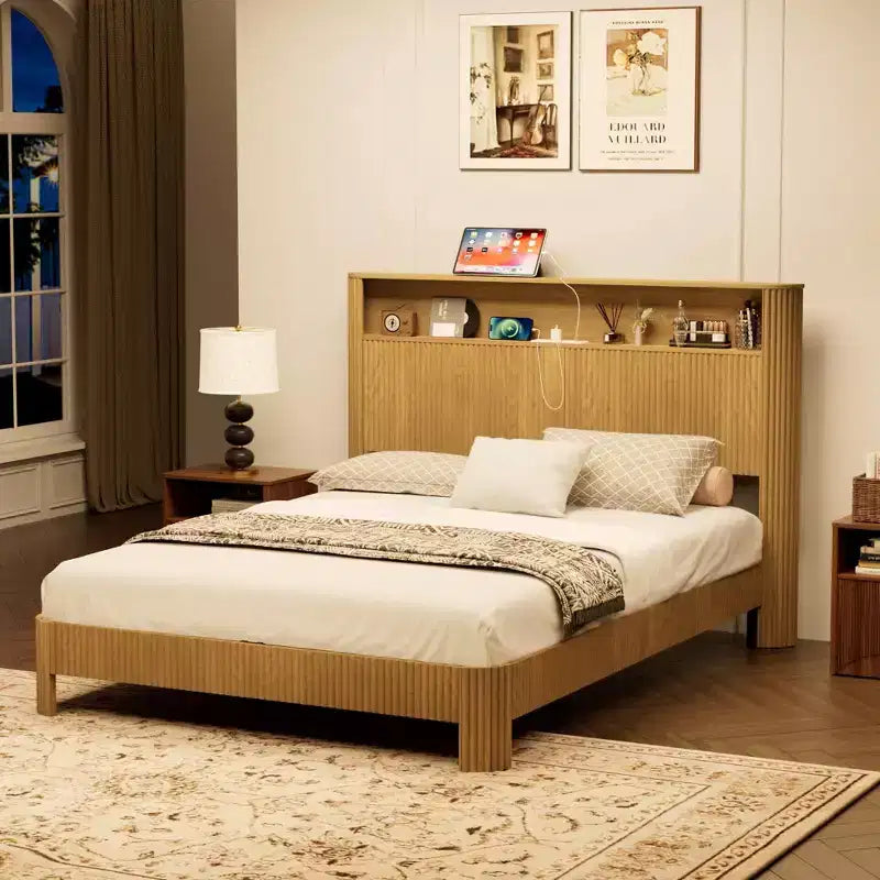 ModernLuxe Struttura Letto Matrimoniale/Una Piazza e Mezza XL con Testiera Contenitore, Stazione di Ricarica Integrata, Design Onde, Supporto Silenzioso