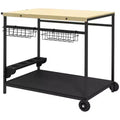 NAYSAYE Outdoor Bar Cart Rolling Serving Cart with Wheels Side Handle Baskets and Wine Holders, Natural Wood, 38.4*25.6*31.9