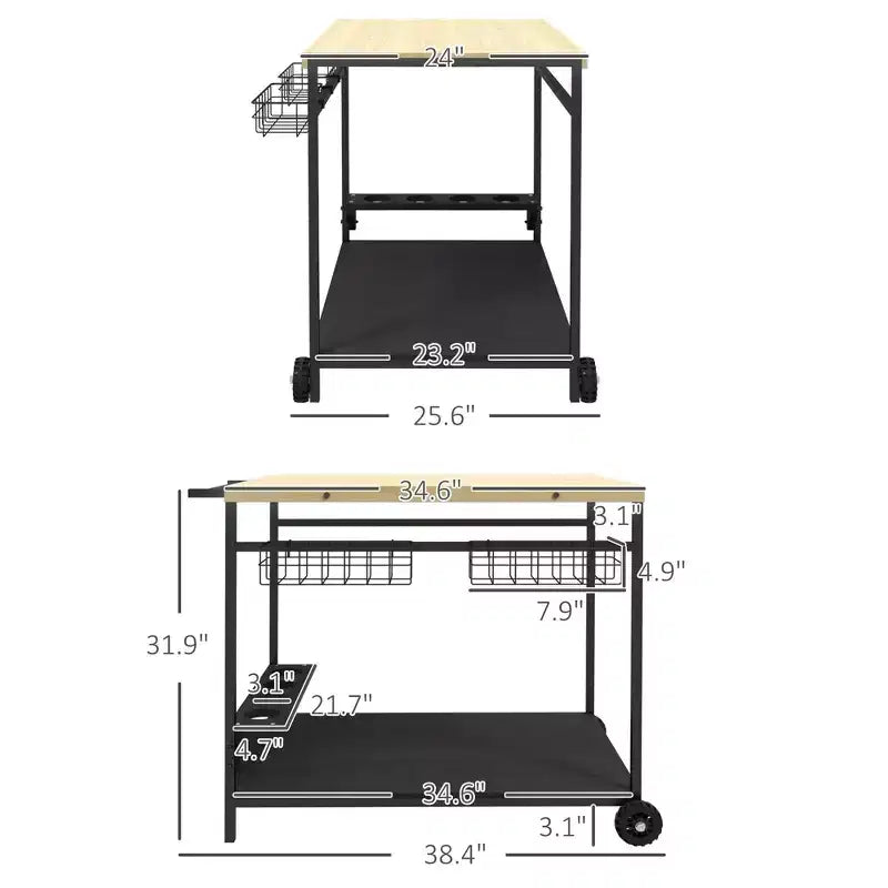 Carrello da bar per esterni NAYSAYE con ruote, maniglia laterale, cesti e portabottiglie, legno naturale, 38.4*25.6*31.9