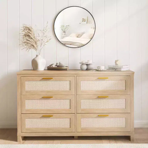 6 Drawer Rattan Dresser for Bedroom, Boho Modern Wood Dressers Chest with Ample Storage, 6-Drawer Chest of Drawers for Closet & Living Room, Natural