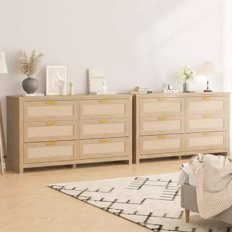 Cassettiera in Rattan a 6 Cassetti per Camera da Letto, Comò Moderno Boho in Legno con Ampio Spazio di Archiviazione, Cassettiera a 6 Cassetti per Armadio e Soggiorno, Naturale