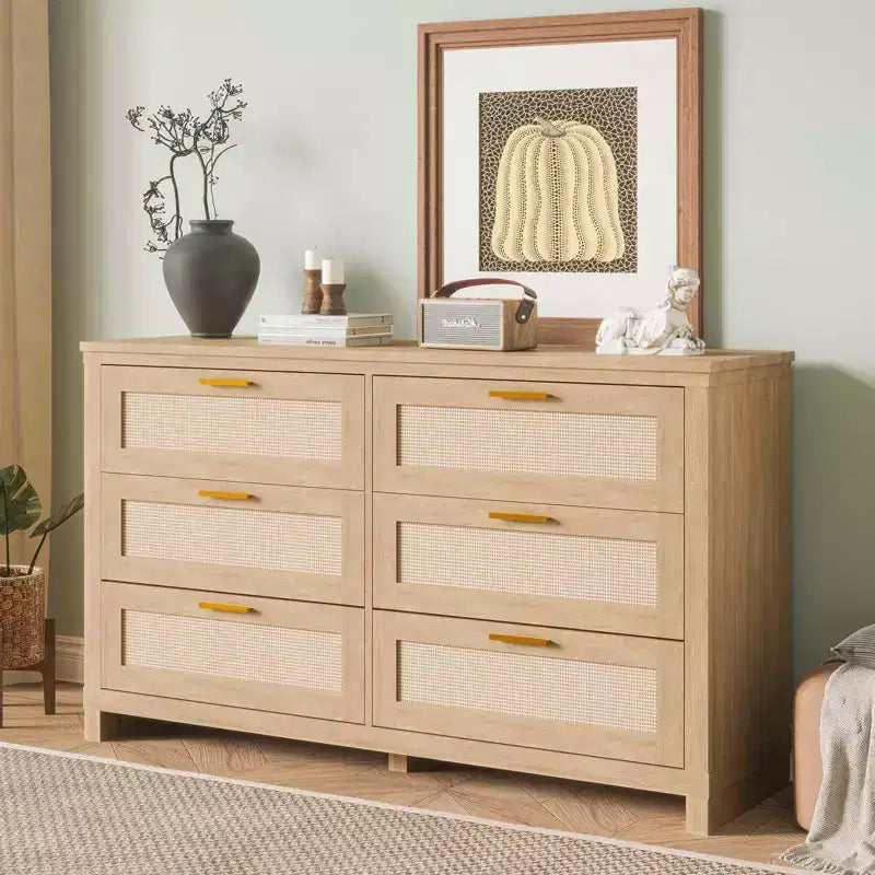 Cassettiera in Rattan a 6 Cassetti per Camera da Letto, Comò Moderno Boho in Legno con Ampio Spazio di Archiviazione, Cassettiera a 6 Cassetti per Armadio e Soggiorno, Naturale