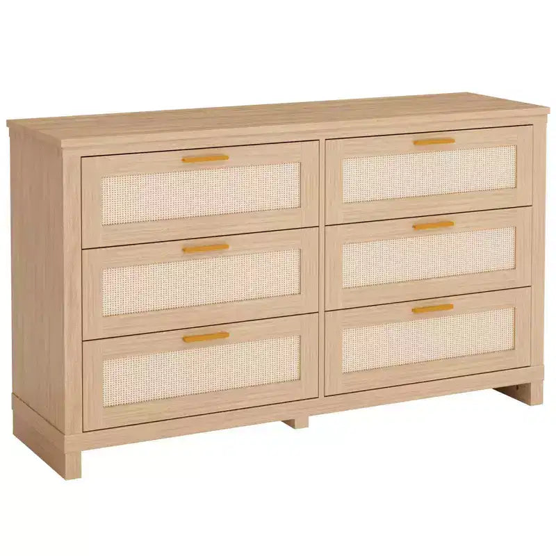 Cassettiera in Rattan a 6 Cassetti per Camera da Letto, Comò Moderno Boho in Legno con Ampio Spazio di Archiviazione, Cassettiera a 6 Cassetti per Armadio e Soggiorno, Naturale