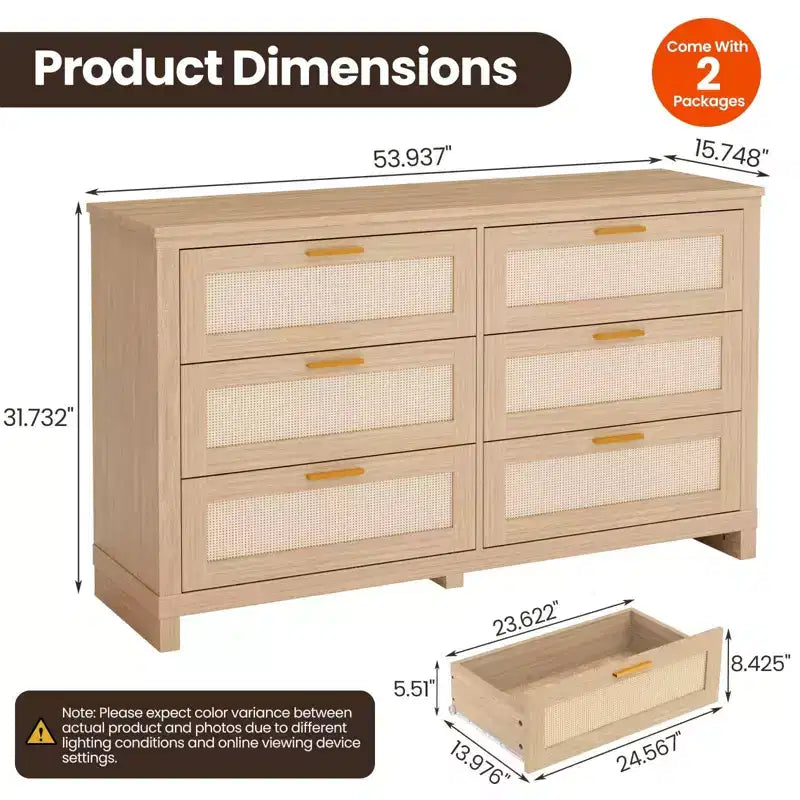 Cassettiera in Rattan a 6 Cassetti per Camera da Letto, Comò Moderno Boho in Legno con Ampio Spazio di Archiviazione, Cassettiera a 6 Cassetti per Armadio e Soggiorno, Naturale