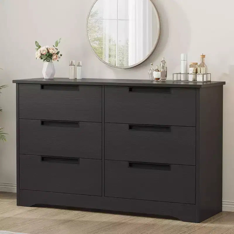 Acekool 6 Drawer Dresser for Bedroom, Modern Black Wide Storage Organizer Chest, Embedded Handles, Wooden Dresser for Living Room, Nursery, Hallway