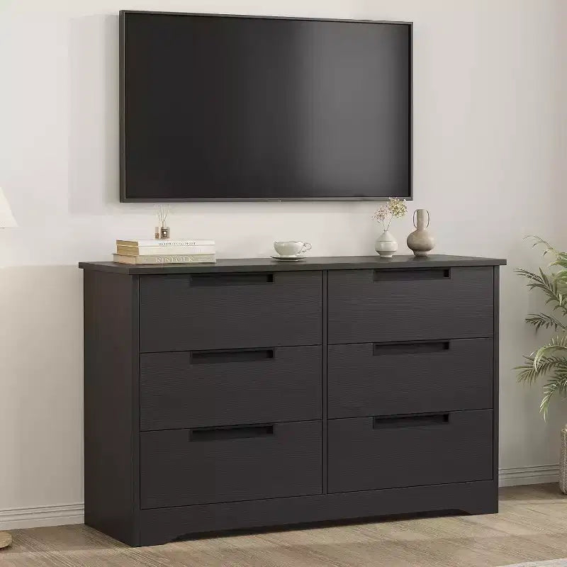 Comò Acekool a 6 cassetti per camera da letto, cassettiera moderna nera ampia, maniglie integrate, comò in legno per soggiorno, cameretta, corridoio