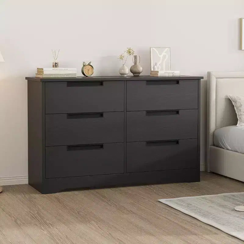 Comò Acekool a 6 cassetti per camera da letto, cassettiera moderna nera ampia, maniglie integrate, comò in legno per soggiorno, cameretta, corridoio