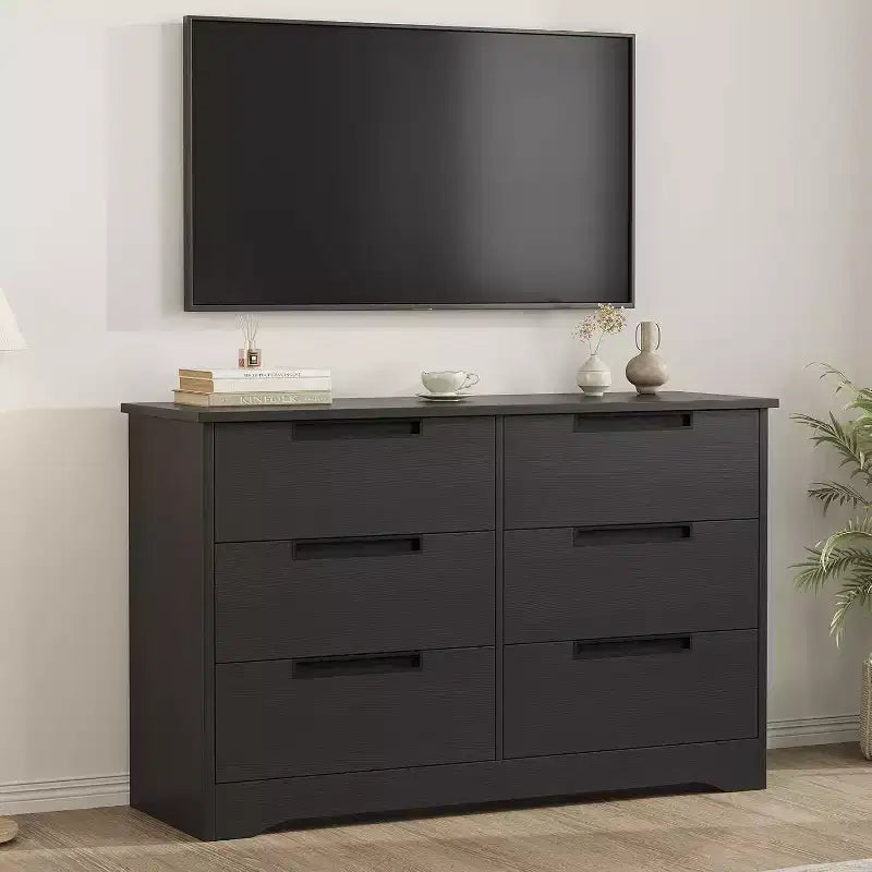 Comò Acekool a 6 cassetti per camera da letto, cassettiera moderna nera ampia, maniglie integrate, comò in legno per soggiorno, cameretta, corridoio