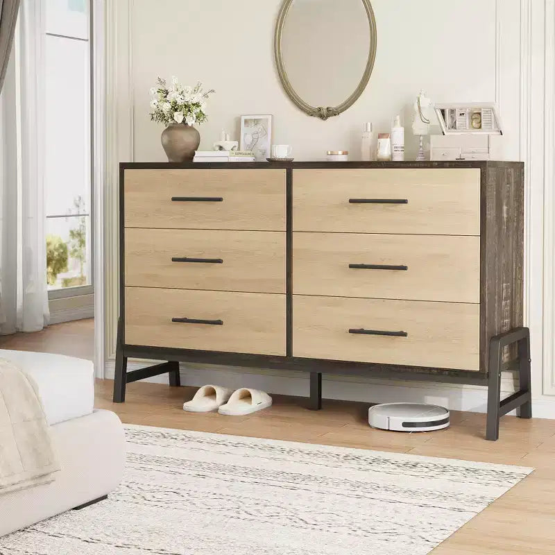 Comò a 6 cassetti, Cassettiera ampia, Cassettiera indipendente in legno per soggiorno, camera da letto, ingresso