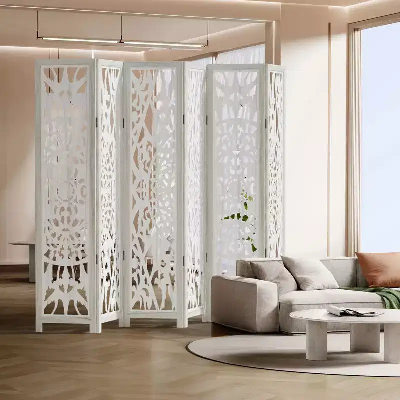 MAYEERTY Paravento divisorio pieghevole in legno da 95*67 pollici, divisorio autoportante per interni, a 6 pannelli, colore bianco
