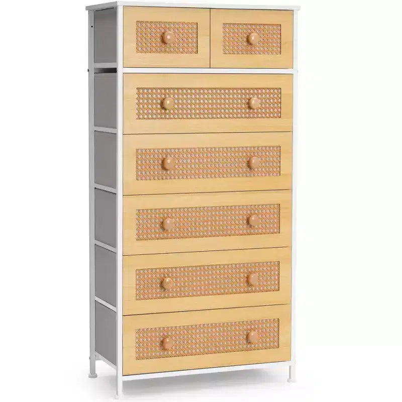 Crestlive Products Cassettiera Verticale a 7 Cassetti per Camera da Letto, Torre Portaoggetti con Robusto Telaio in Acciaio, Piano in Legno, Contenitori in Tessuto Facilmente Estraibili, Maniglie