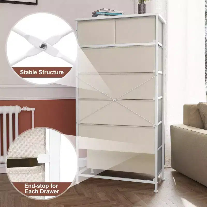 Crestlive Products Cassettiera Verticale a 7 Cassetti per Camera da Letto, Torre Portaoggetti con Robusto Telaio in Acciaio, Piano in Legno, Contenitori in Tessuto Facilmente Estraibili, Maniglie