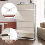 Crestlive Products Cassettiera Verticale a 7 Cassetti per Camera da Letto, Torre Portaoggetti con Robusto Telaio in Acciaio, Piano in Legno, Contenitori in Tessuto Facilmente Estraibili, Maniglie