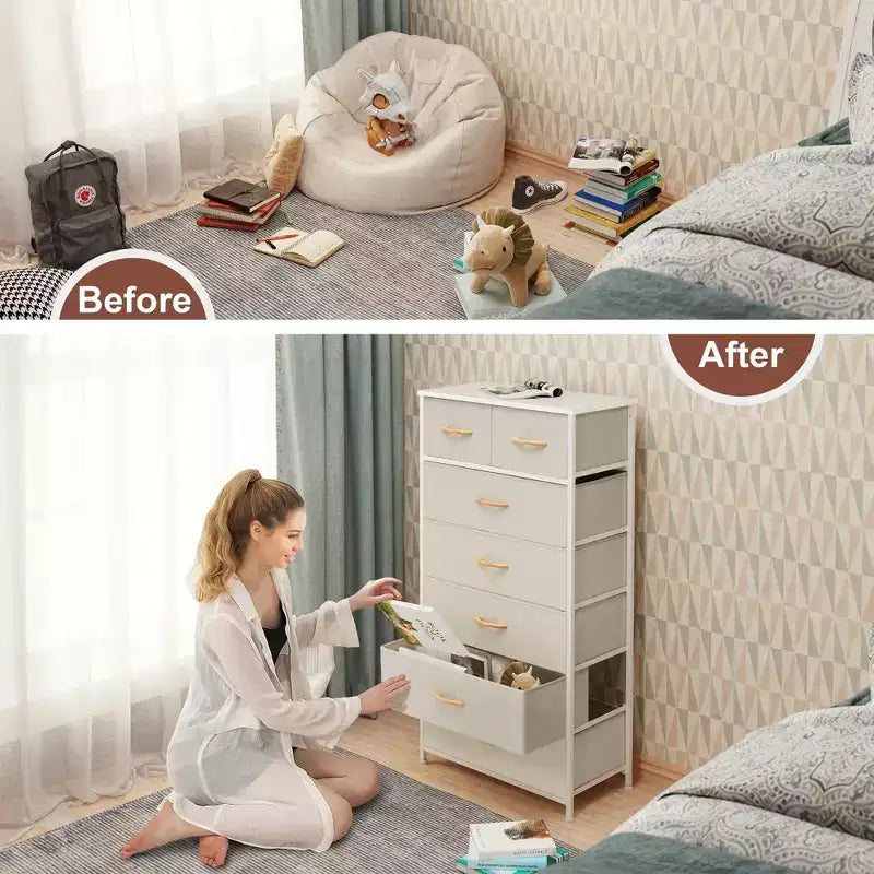 Crestlive Products Cassettiera Verticale a 7 Cassetti per Camera da Letto, Torre Portaoggetti con Robusto Telaio in Acciaio, Piano in Legno, Contenitori in Tessuto Facilmente Estraibili, Maniglie
