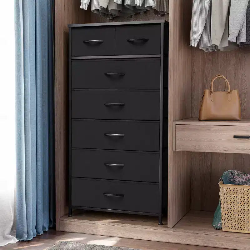 Crestlive Products Cassettiera Verticale a 7 Cassetti per Camera da Letto, Torre Portaoggetti con Robusto Telaio in Acciaio, Piano in Legno, Contenitori in Tessuto Facilmente Estraibili, Maniglie
