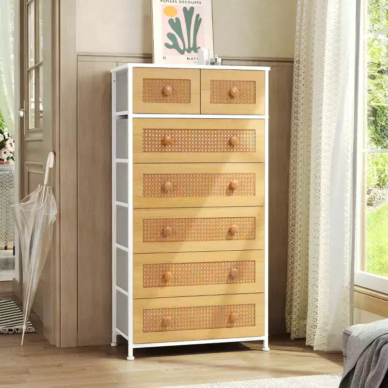 Crestlive Products Cassettiera Verticale a 7 Cassetti per Camera da Letto, Torre Portaoggetti con Robusto Telaio in Acciaio, Piano in Legno, Contenitori in Tessuto Facilmente Estraibili, Maniglie