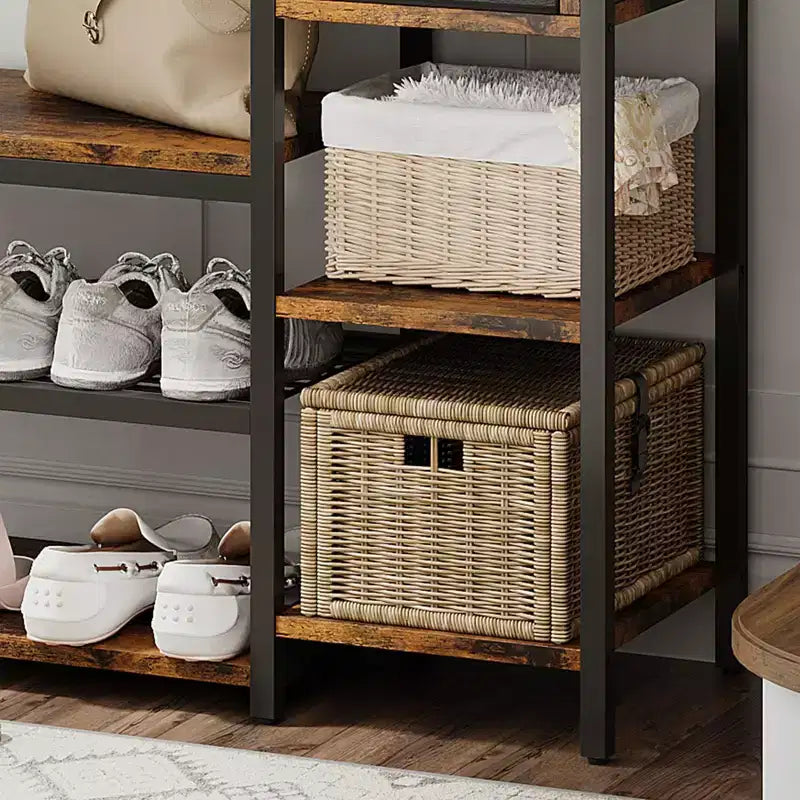 Meuble d'entrée 3-en-1 avec porte-manteaux, rangement pour chaussures et tiroir, banc d'entrée avec cadre en acier robuste, organisateur multifonctionnel pour vestiaire