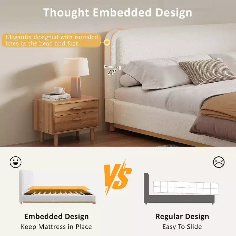 Letto a piattaforma Christopher Knight Home Beau moderno imbottito in bouclé con testiera curva