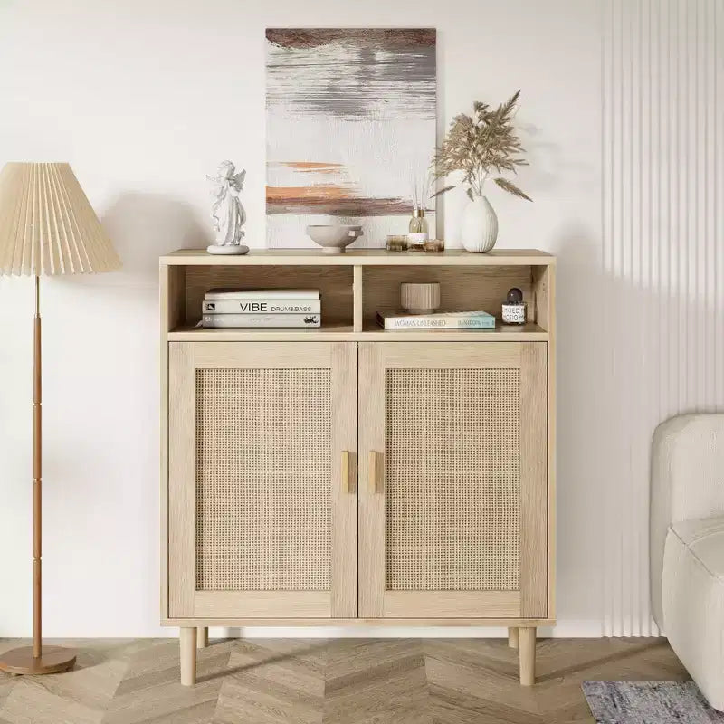 COZONY Credenza a buffet in rattan con 2 ante Mobile contenitore moderno da appoggio per sala da pranzo, ingresso e angolo caffè, Naturale