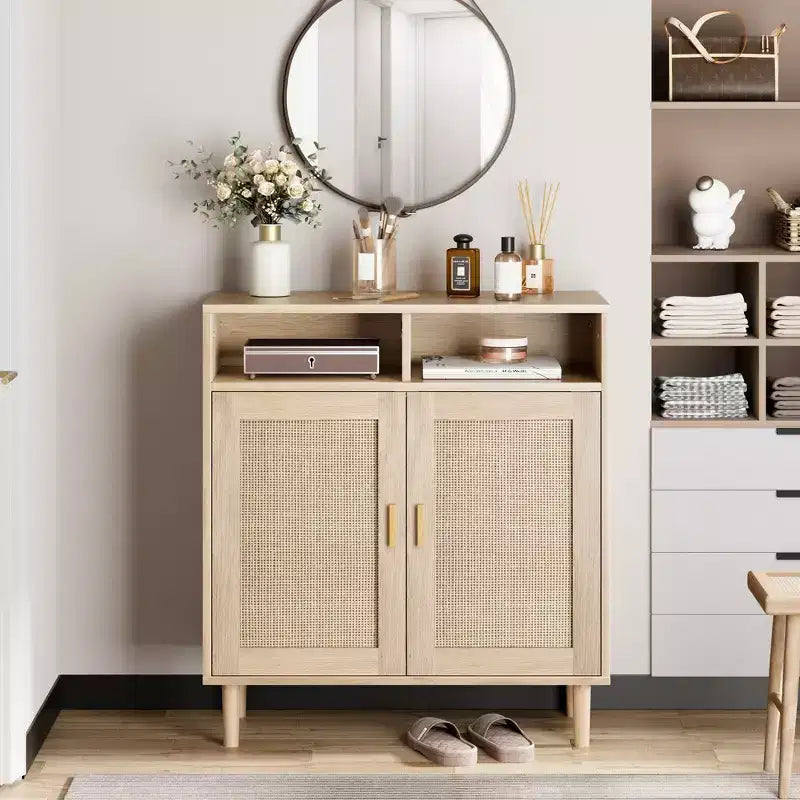 COZONY Credenza a buffet in rattan con 2 ante Mobile contenitore moderno da appoggio per sala da pranzo, ingresso e angolo caffè, Naturale