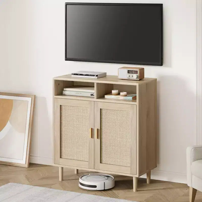 COZONY Credenza a buffet in rattan con 2 ante Mobile contenitore moderno da appoggio per sala da pranzo, ingresso e angolo caffè, Naturale