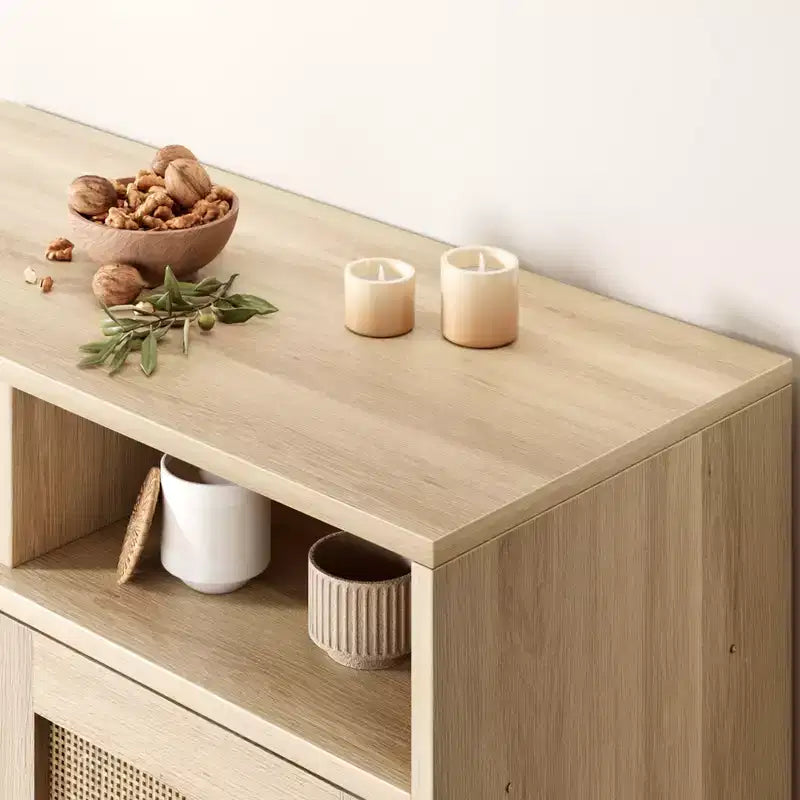 COZONY Credenza a buffet in rattan con 2 ante Mobile contenitore moderno da appoggio per sala da pranzo, ingresso e angolo caffè, Naturale