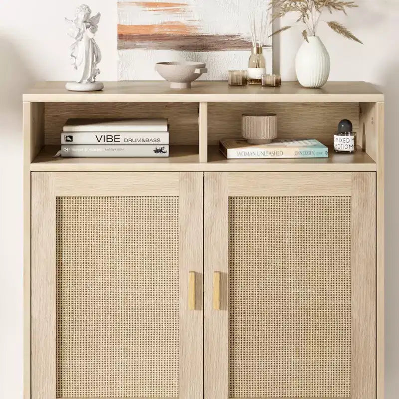 COZONY Credenza a buffet in rattan con 2 ante Mobile contenitore moderno da appoggio per sala da pranzo, ingresso e angolo caffè, Naturale