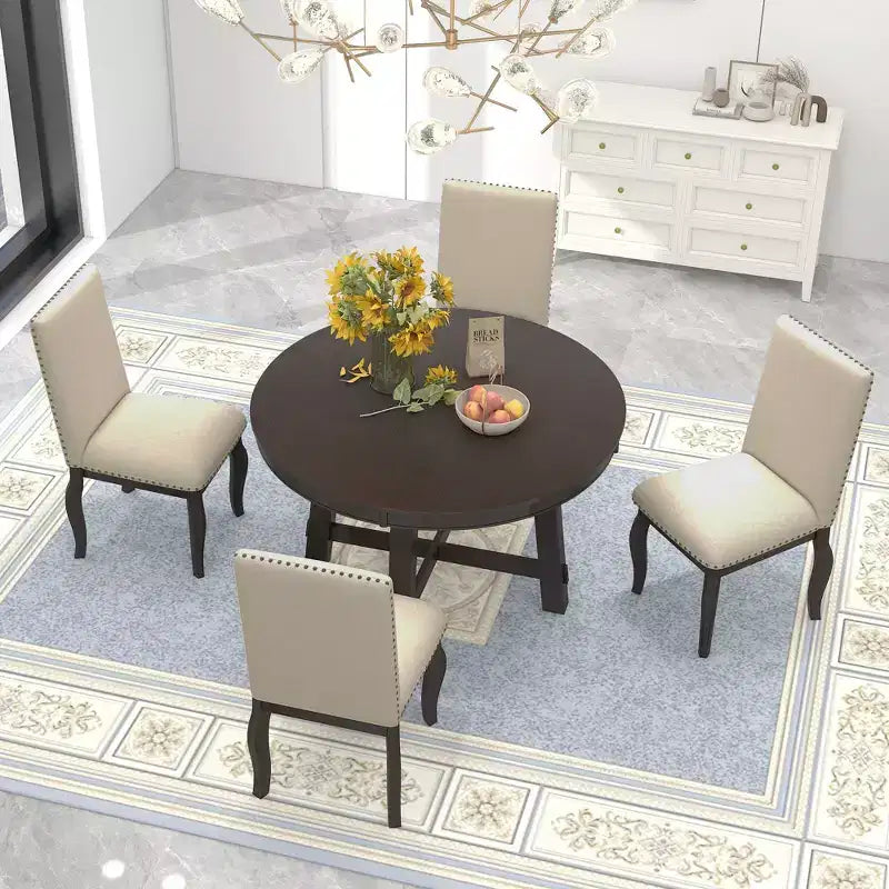 GDFStudio Dana Set da 5 Pezzi Tavolo da Pranzo con Tavolo Rotondo Allungabile e Sedie Imbottite