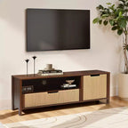 LuxenHome 55 Walnut TV Stand for TVs up to 60, Woven Rope Door Panel, Small Media Console Cabinet with Drawer, Brown