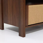 LuxenHome Mobile TV in Noce da 55 per TV fino a 60 pollici, anta in corda intrecciata, mobile consolle multimediale piccolo con cassetto, Marrone