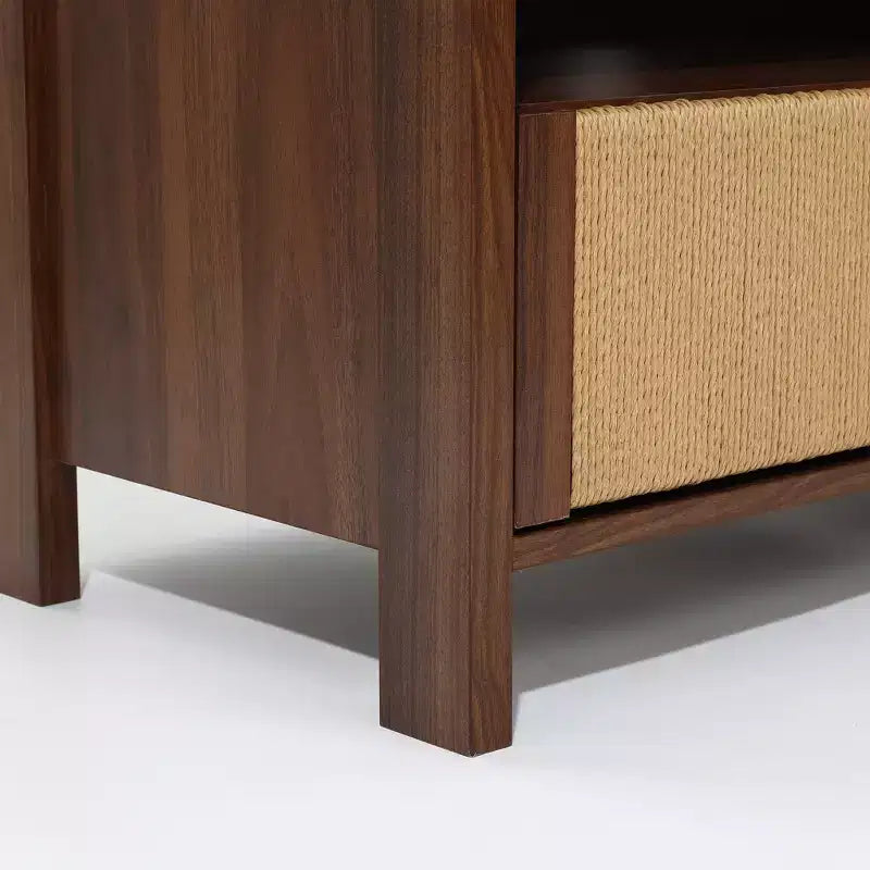 LuxenHome Mobile TV in Noce da 55 per TV fino a 60 pollici, anta in corda intrecciata, mobile consolle multimediale piccolo con cassetto, Marrone