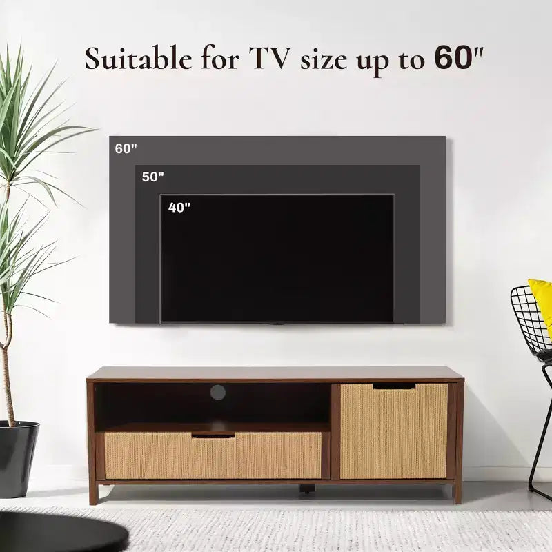 LuxenHome Mobile TV in Noce da 55 per TV fino a 60 pollici, anta in corda intrecciata, mobile consolle multimediale piccolo con cassetto, Marrone