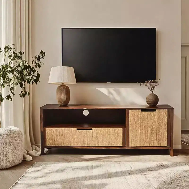 LuxenHome Mobile TV in Noce da 55 per TV fino a 60 pollici, anta in corda intrecciata, mobile consolle multimediale piccolo con cassetto, Marrone