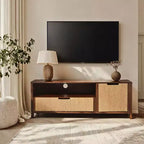 LuxenHome Mobile TV in Noce da 55 per TV fino a 60 pollici, anta in corda intrecciata, mobile consolle multimediale piccolo con cassetto, Marrone