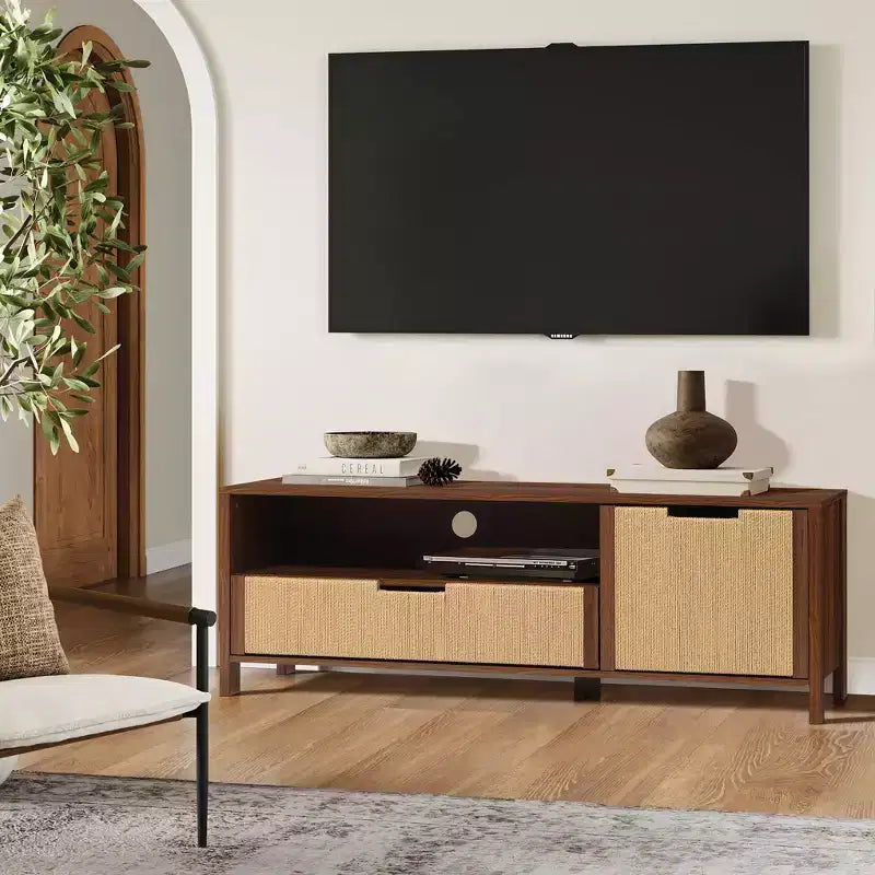 LuxenHome Mobile TV in Noce da 55 per TV fino a 60 pollici, anta in corda intrecciata, mobile consolle multimediale piccolo con cassetto, Marrone