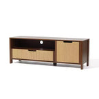 LuxenHome Mobile TV in Noce da 55 per TV fino a 60 pollici, anta in corda intrecciata, mobile consolle multimediale piccolo con cassetto, Marrone