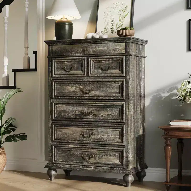 Comò a 7 cassetti, cassettiera moderna in legno, mobile TV con cassetti, organizer in legno con maniglie rustiche per camera da letto, soggiorno, corridoio