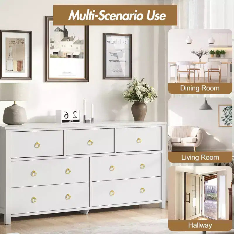 Comò a 7 cassetti, cassettiera moderna in legno, mobile TV con cassetti, organizer in legno con maniglie per camera da letto, soggiorno, corridoio, bianco